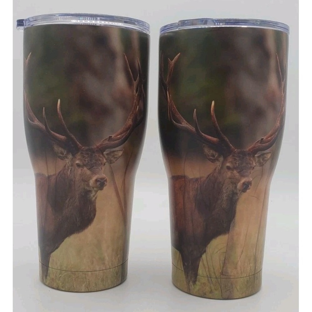 TWO Stainless Steel Tumbler Deer Camo Hunting Buck 30 Oz Insulated W/ Lids NEW